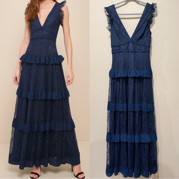 Lulus Dresses & Skirts - Lulus Navy Blue Lace Ruffled Tiered Maxi Dress Formal Wedding Dance Prom New